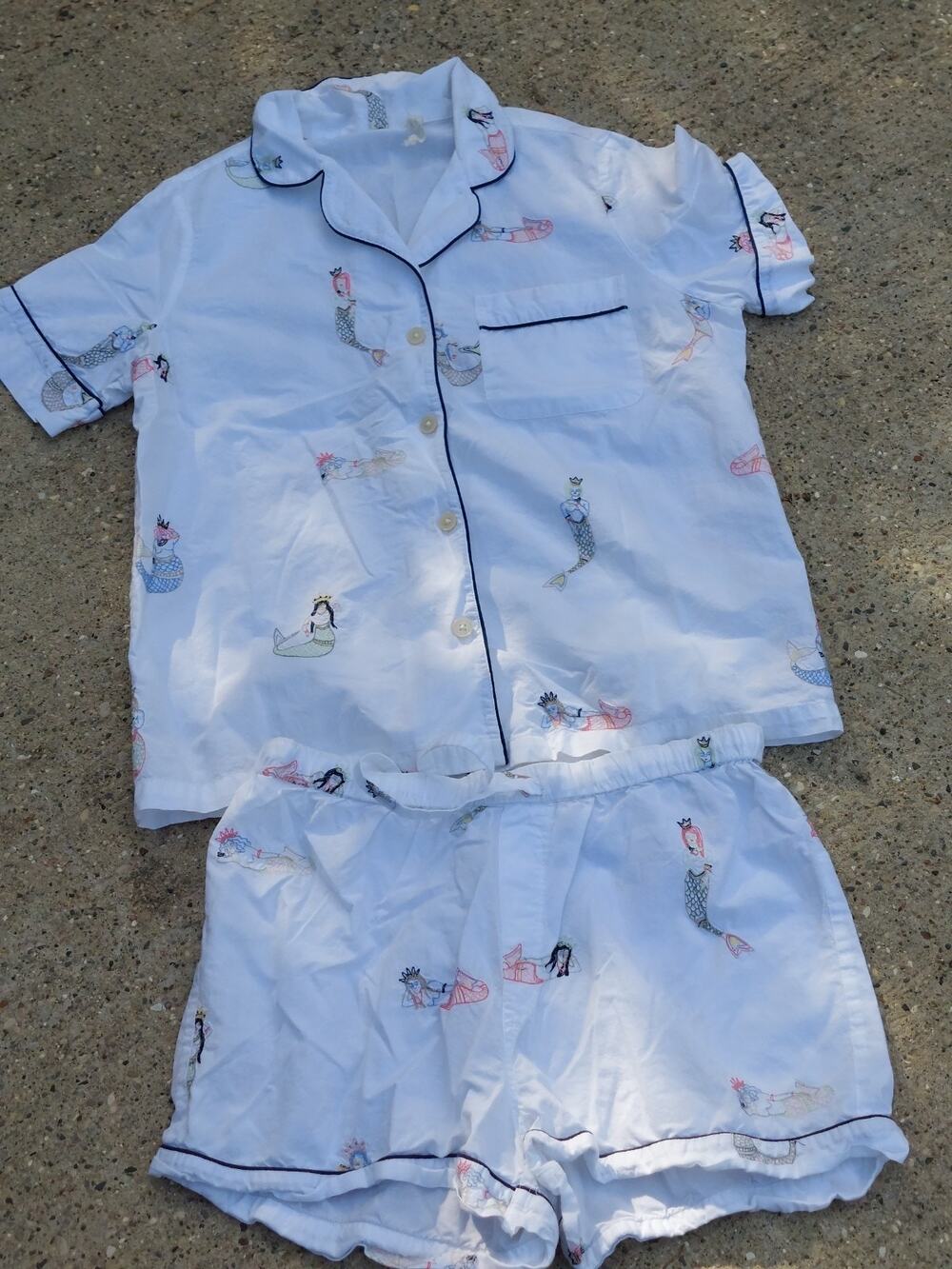 Print fresh Pajama Set Embroidered Mermaid White Shorts/Short Sleeve Top size XS